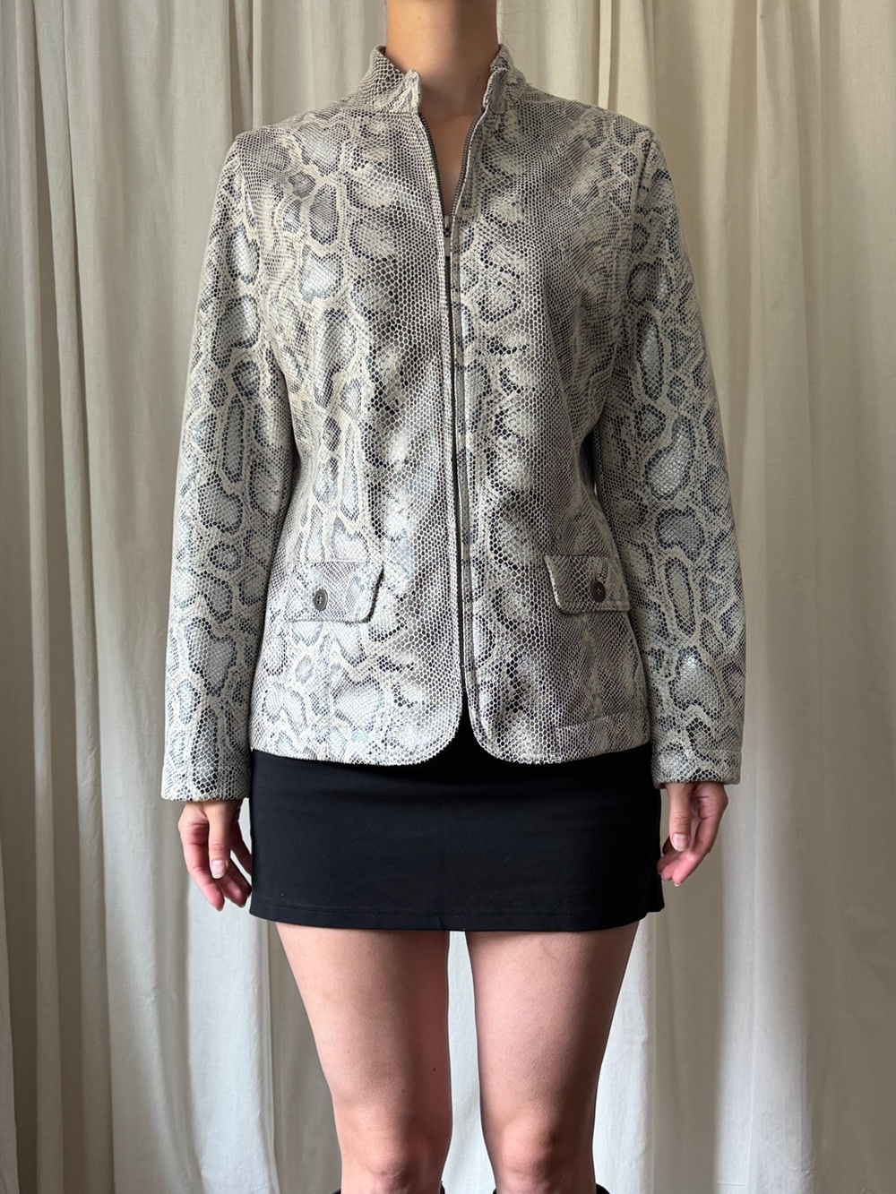 Alfred Dunner Faux Snake Print Zip Front Moto Jacket Women's Size 8 | Y2K